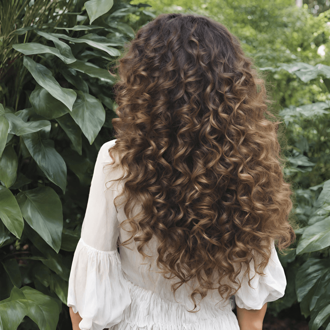Long, hydrated, curly hair showcased against lush greenery, emphasizing frizz-free, defined curls.